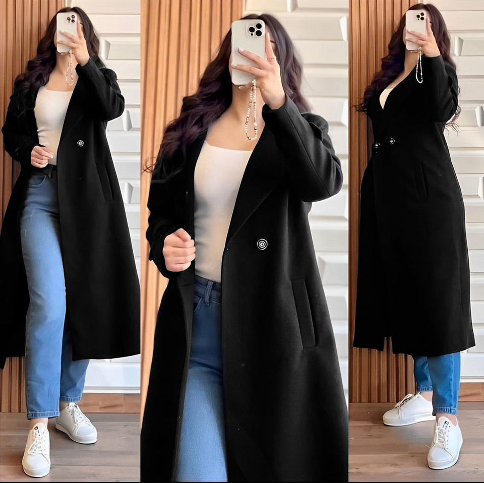 Women's Stitched Plain Fleece Trench Coat - 1 Pc, Beige