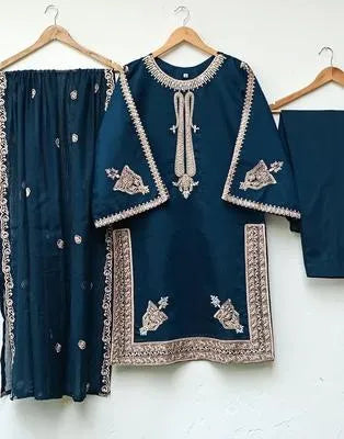 3 Pcs Women's Stitched Silk Embroidered Suit