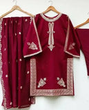3 Pcs Women's Stitched Silk Embroidered Suit