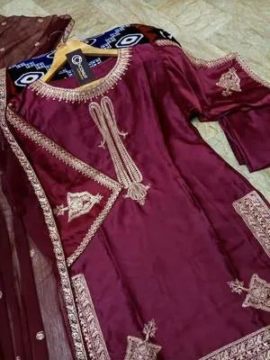 3 Pcs Women's Stitched Silk Embroidered Suit