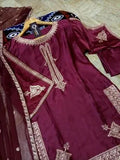 3 Pcs Women's Stitched Silk Embroidered Suit