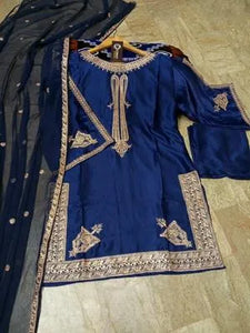3 Pcs Women's Stitched Silk Embroidered Suit