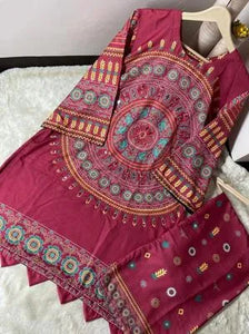 2 Pcs Women's Stitched Swiss Lawn Mirror Work Shirt And Trouser