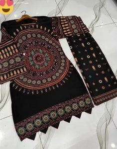 2 Pcs Women's Stitched Swiss Lawn Mirror Work Shirt And Trouser