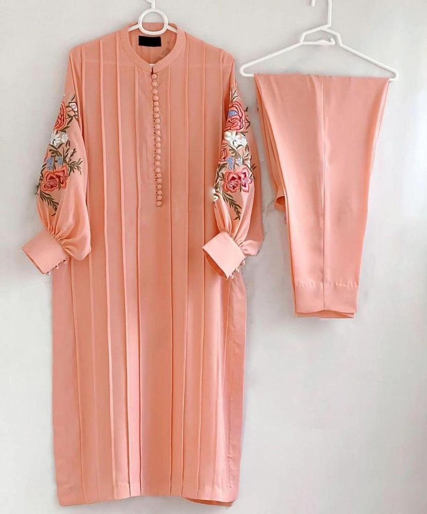 2 Pcs Women's Stitched Linen Embroidered Suit